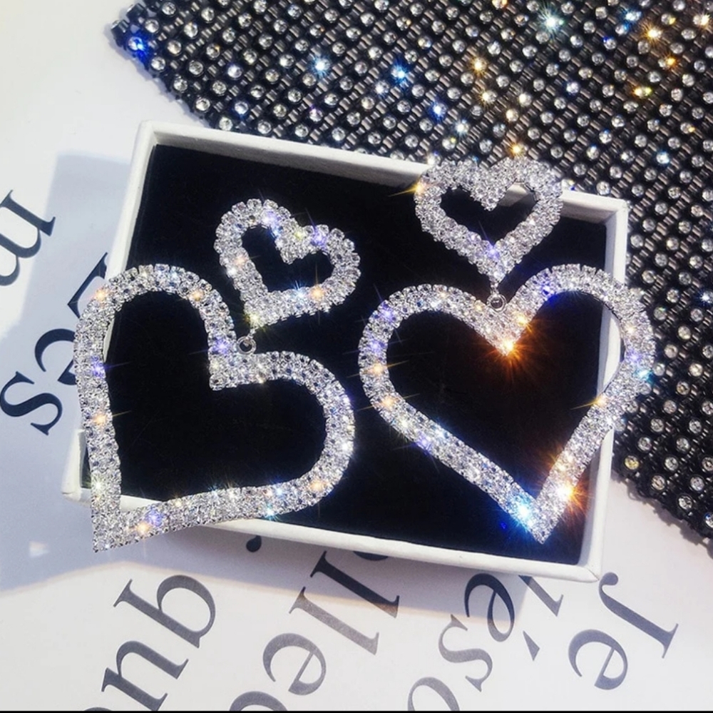Rhinestone Double Heart Drop Statement Earrings Sparkle Bling